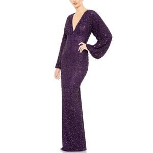 Mac Duggal Purple Long Sleeve Sequin Gown